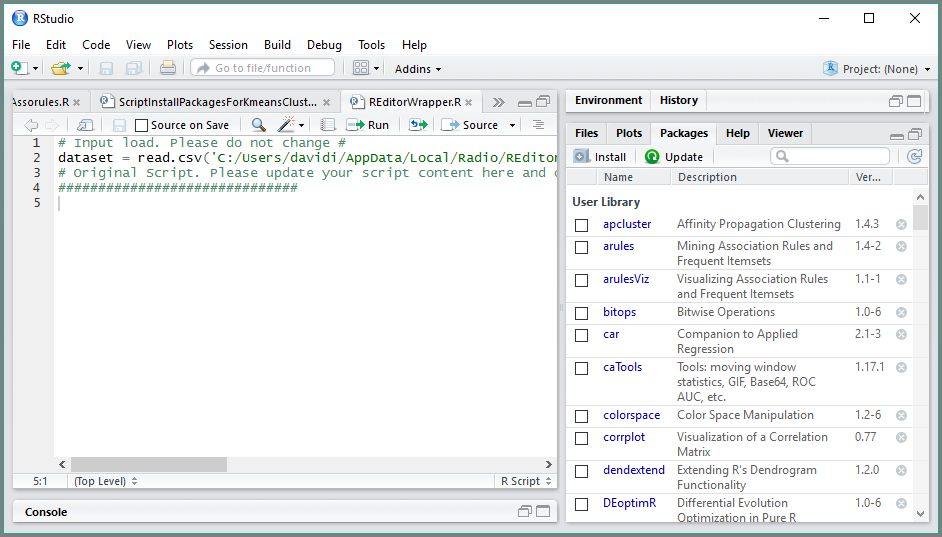 Screenshot of the R I D E launched in Power B I Desktop, showing it in R Studio.