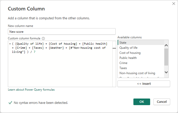 Screenshot of Power Query Editor's Custom Column dialog showing the new column name, custom column formula, and no syntax errors.