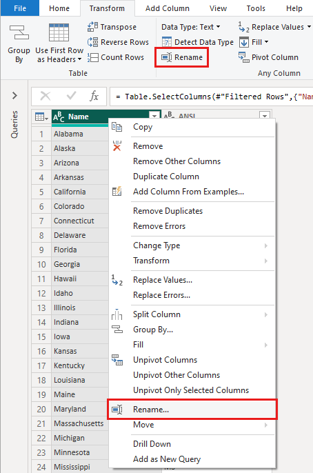 Screenshot of Power Query Editor highlighting the Rename button and also the Rename right-click item.