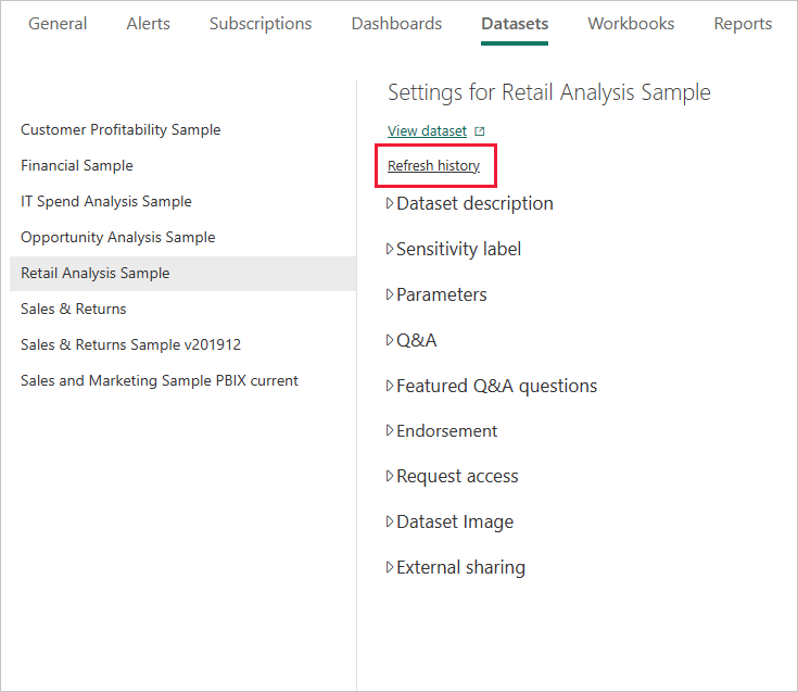 Screenshot shows the Semantic models Refresh history link to select.