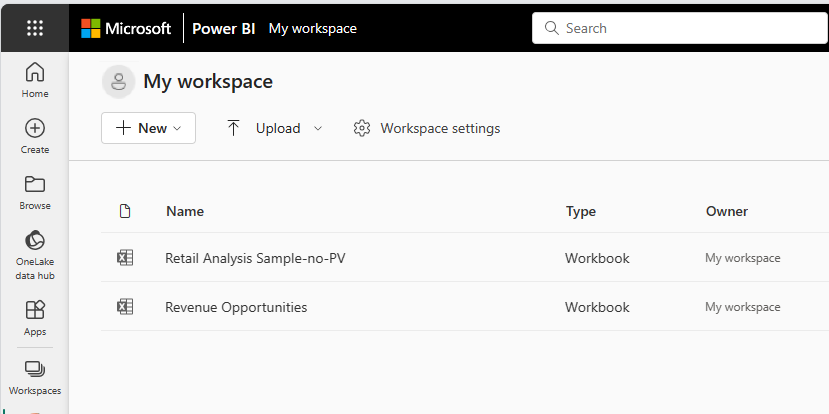 Screenshot that shows workbooks in My workspace.