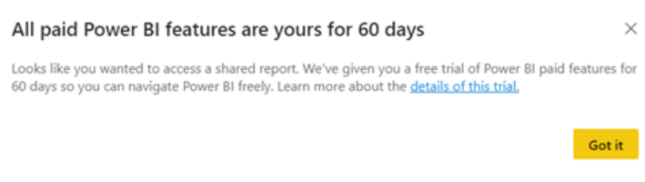 Screenshot showing the dialog for a Power BI Pro free trial.