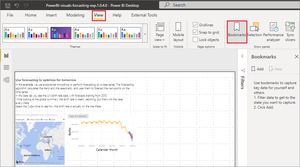 Screenshot showing how to turn on the Bookmarks pane in Power BI Desktop.