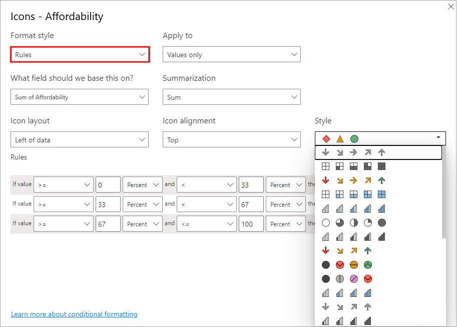 Dialog of icons: format style is set to Rules. Available icons are shown under the Style dropdown.