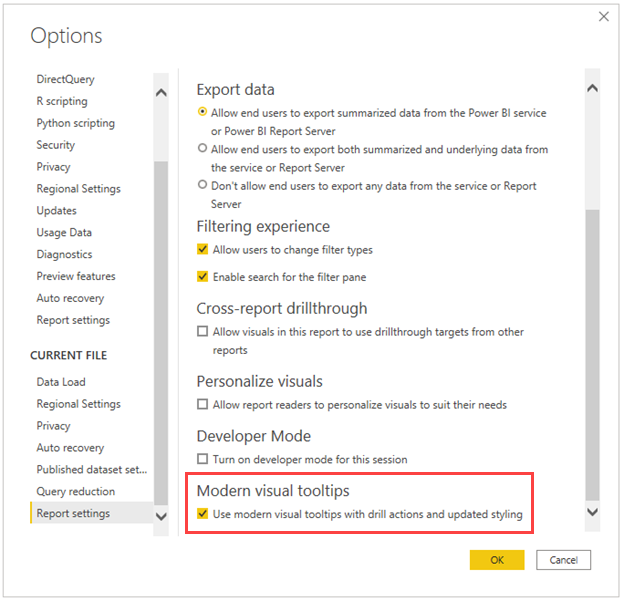 Screenshot of the Options dialog with the Modern visual tooltips checkbox highlighted in Report settings.