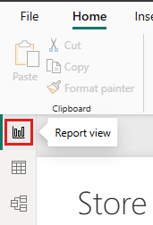Screenshot of Power BI Desktop. In the upper-left corner, just below the ribbon, the Report view button, which pictures a bar chart, is highlighted.