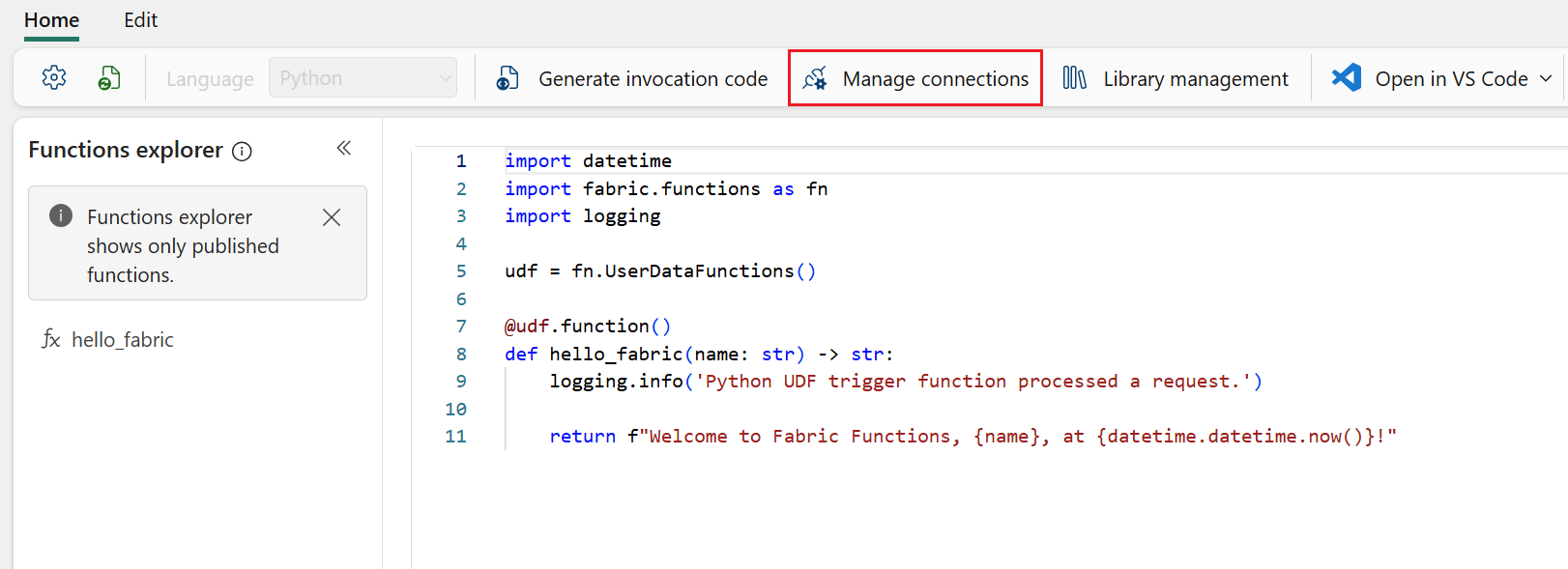 Screenshot that shows selecting 'manage connections' on the functions page.