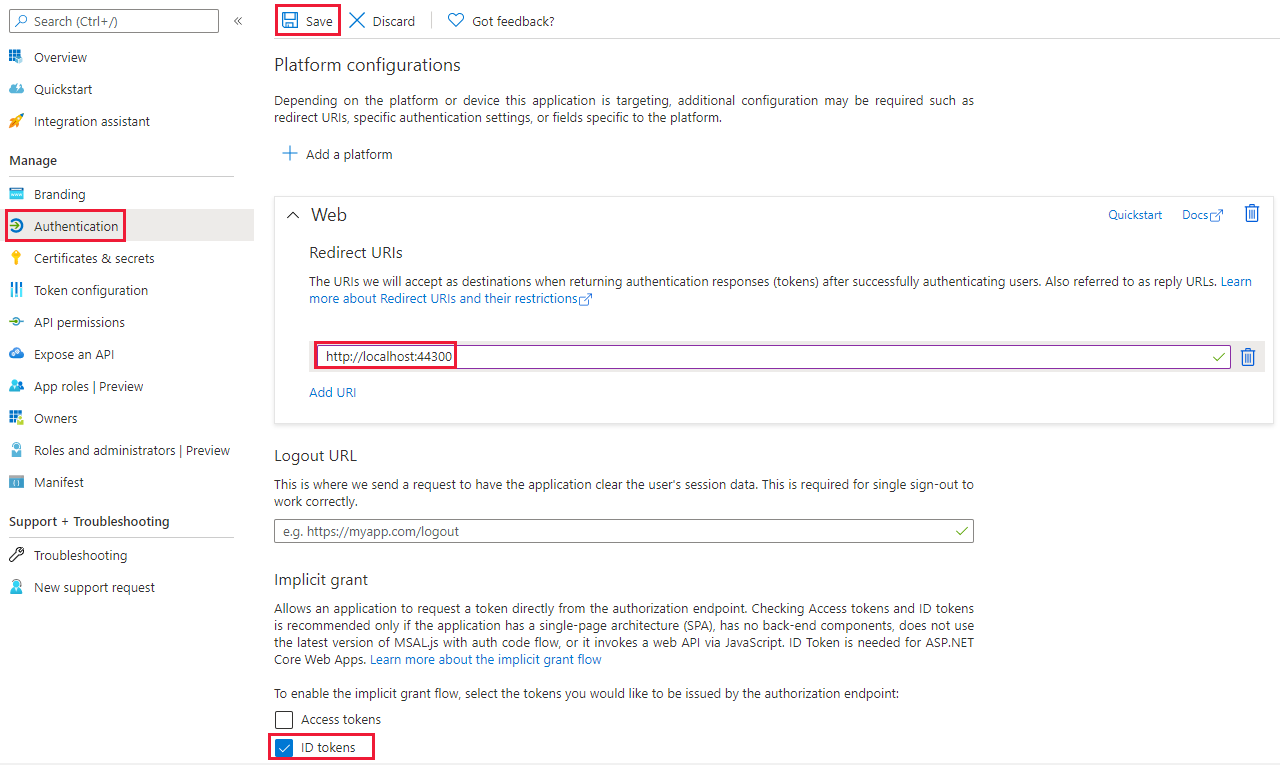 Screenshot of the Azure portal window, which shows the app authentication configurations, the web redirect URI, and the selected access token option.