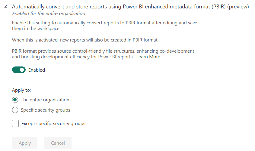 Screenshot of PBIR tenant setting.