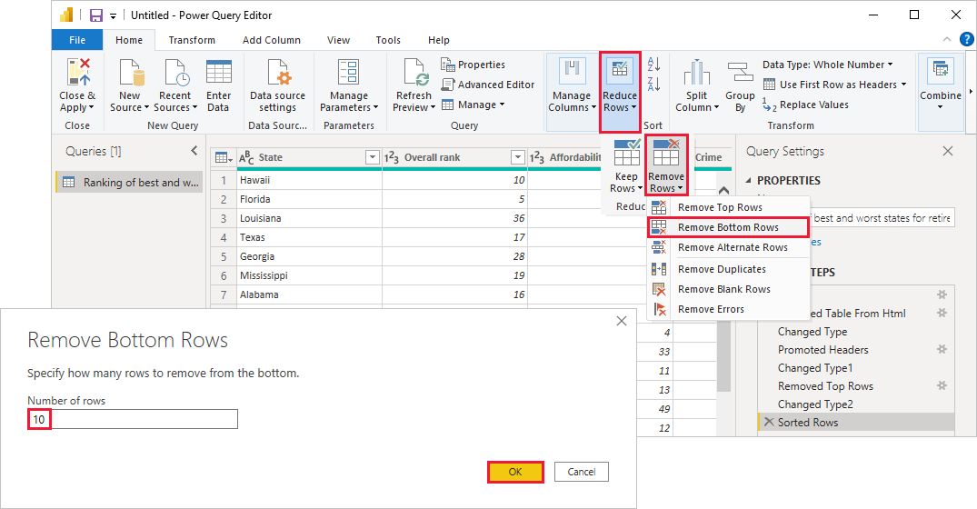 Screenshot of Power B I Desktop showing the Remove Bottom Rows dialog box.