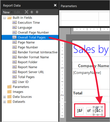Screenshot of the Report Data pane, showing where to drag a build-in field into a footer.