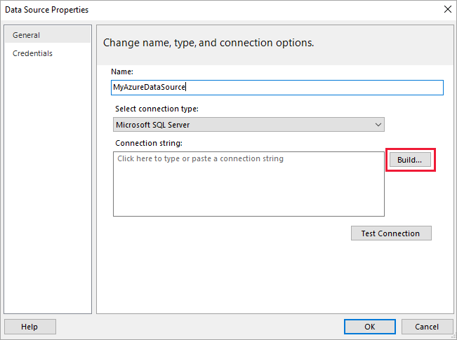 Screenshot showing where to select the Build option in Data source properties.