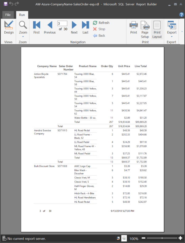 Screenshot of a sample report with Print Layout selected.
