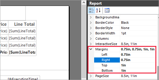 Screenshot of report properties, showing where to see and edit the report margins.