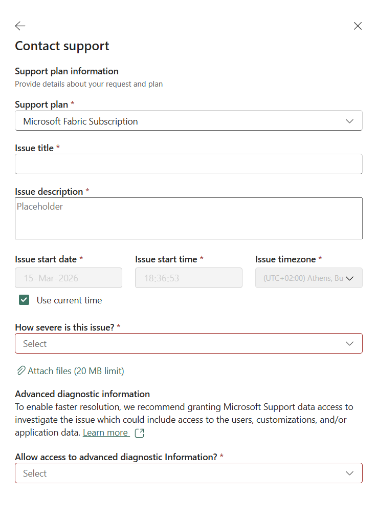 Screenshot of support form in help-pane.