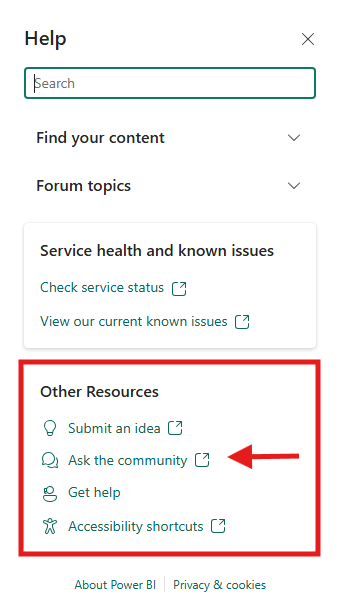Screenshot of additional resources in the Help Pane including link to community.