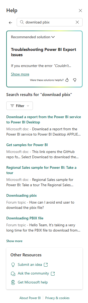 Screenshot of filtering the Help pane results.