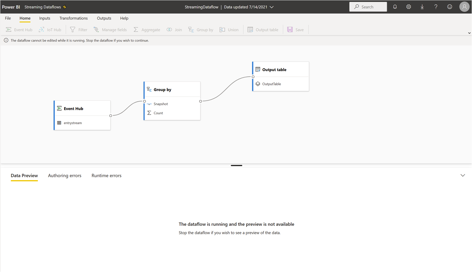 Screenshot that shows the disabled data preview when a streaming dataflow is running.