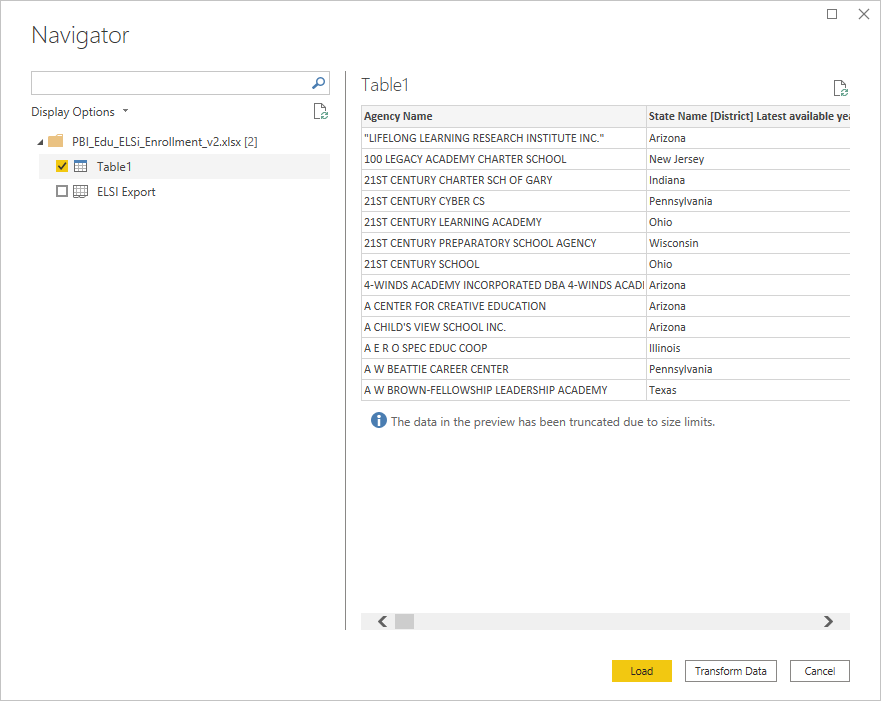 Screenshot of the Navigator dialog box with Table 1 chosen to load.