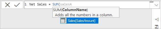 Screenshot of selecting SalesAmount for the SUM formula.