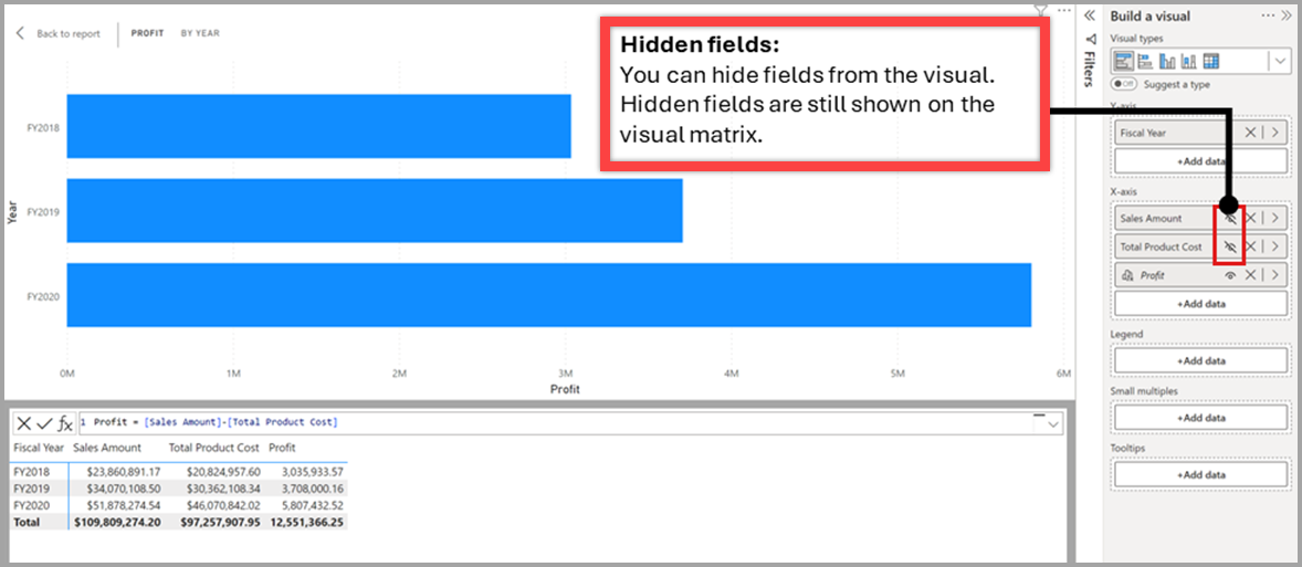 Screenshot of hiding elements from a visual's view.