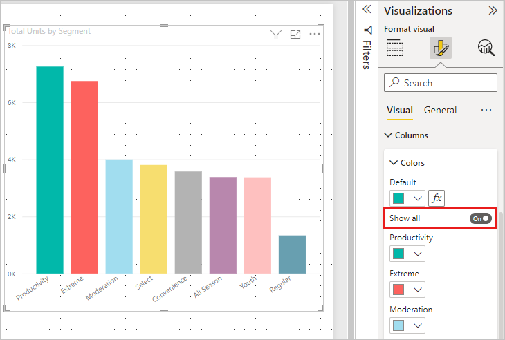 Screenshot showing Chart with new colors applied to some columns.