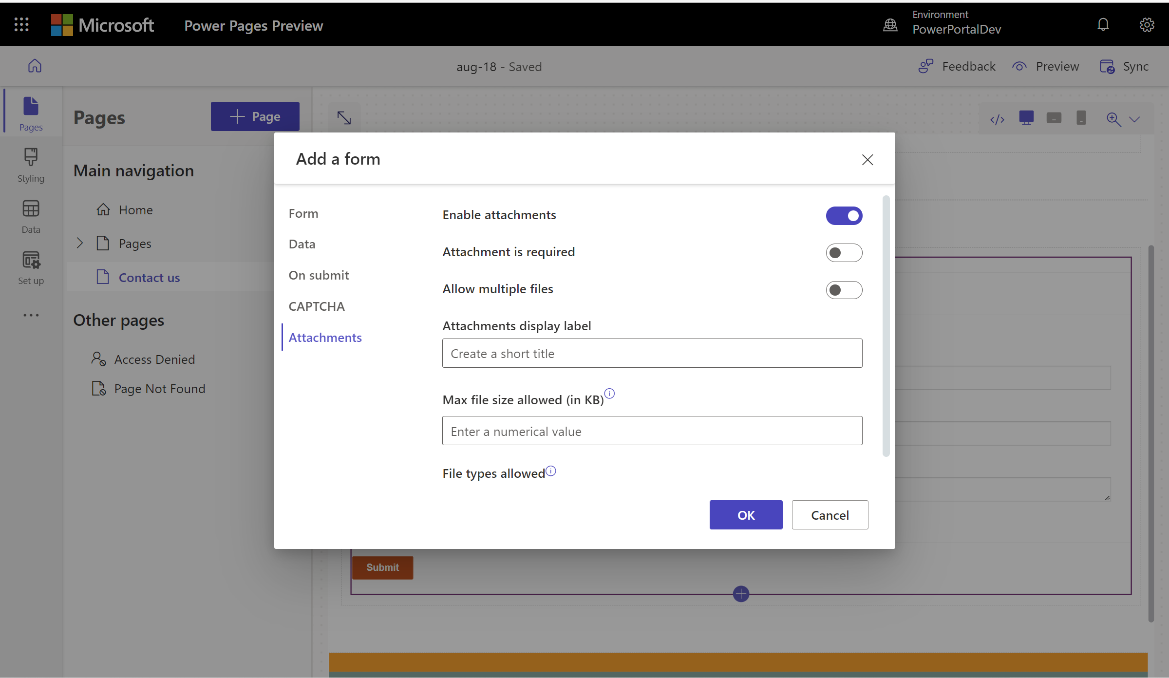 Menu options for enabling attachments on a form.