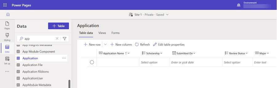 Creating a table to use with multistep forms in Data workspace.