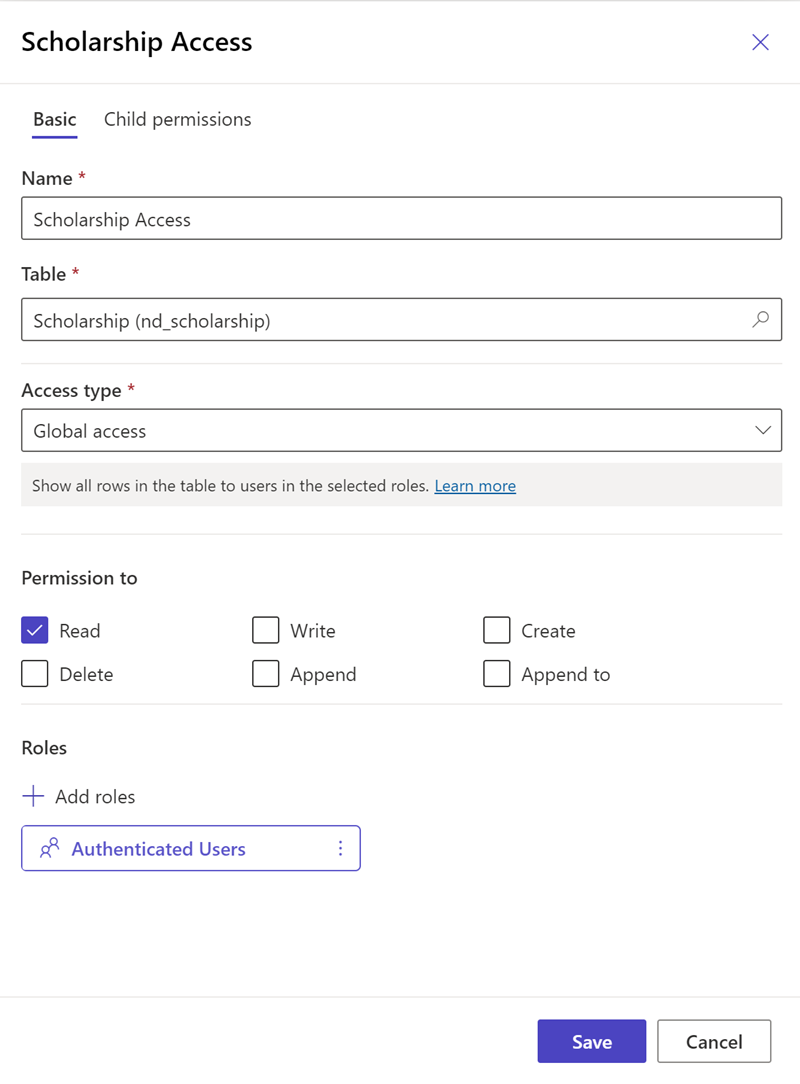 Example of table permissions with the name, related table, access type, permissions, and roles filled out.