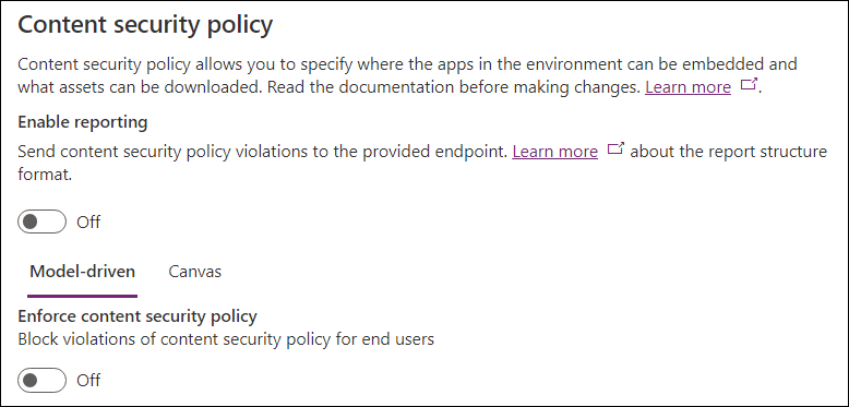 Content security policy default settings.