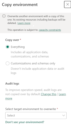 Select the desired copy over level in the admin center.