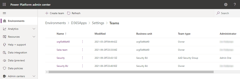 List of teams in environment Screenshot of a list of teams in an environment.