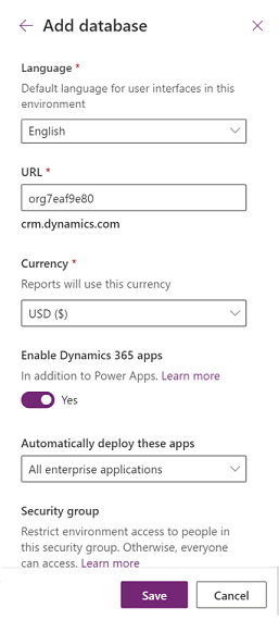 Create new environment database settings.