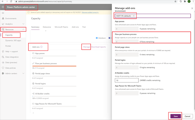 An image that displays the steps needed to assign a license to an environment and manage add-ons.