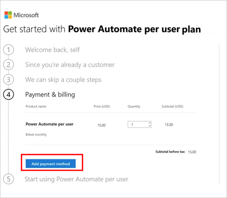 This image displays the self service get started screen with all the necessary steps