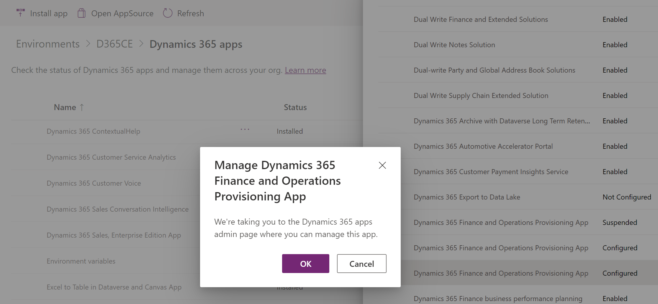 Screenshot where an entry for Dynamics 365 Finance and Operations Provisioning App that has a status of Configured is selected for installation.