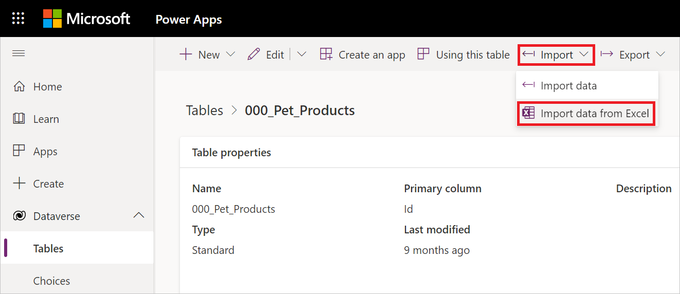 Image with Dataverse tables open, and individual table open in a pane,the import context menu open, with the import data from Excel option emphasized.