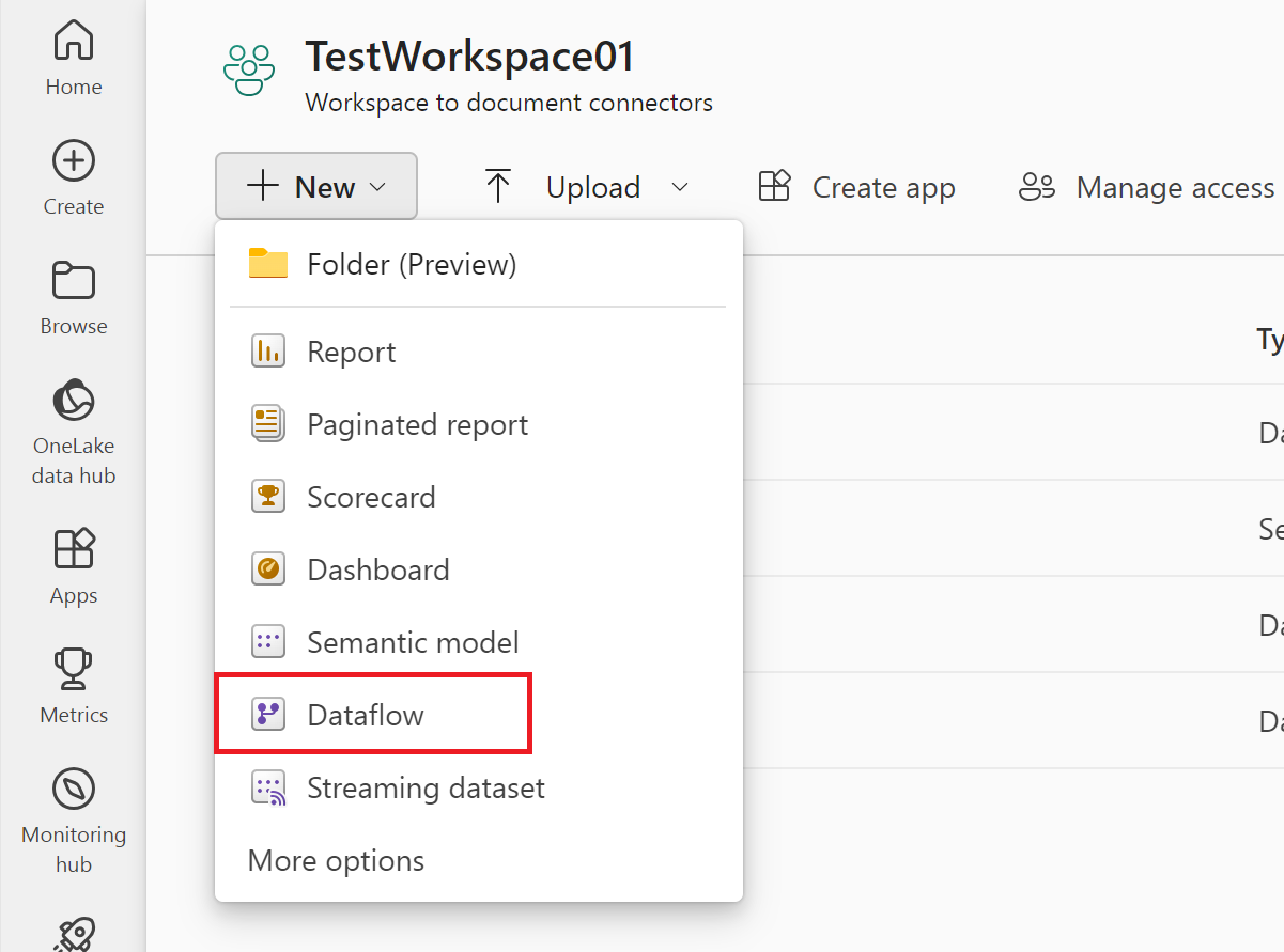 Screenshot with text workspace open, the context menu for new open, and dataflow emphasized.