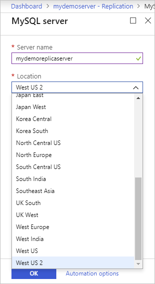 Azure Database for MySQL - Replica location