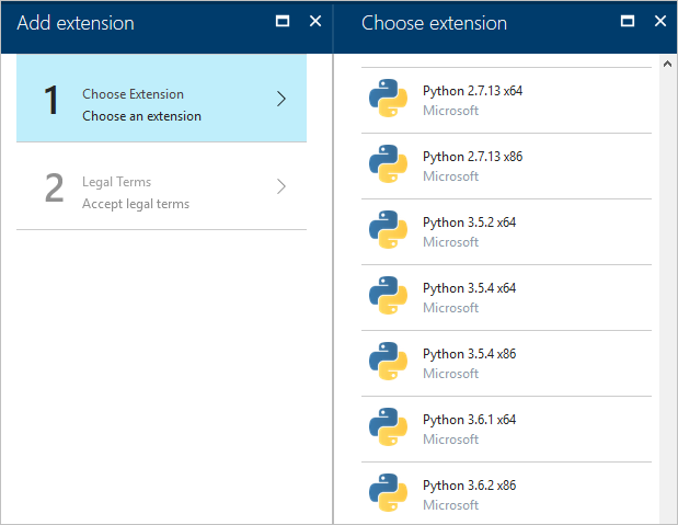 Azure portal showing Python extensions