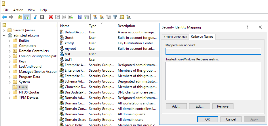 Screenshot of the Security Identity Mapping pane.