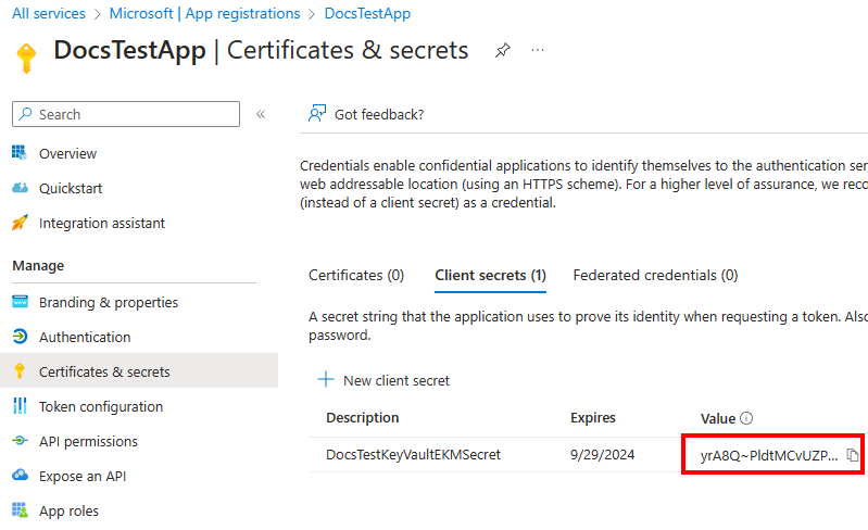 Screenshot of the secret value in the Azure portal.