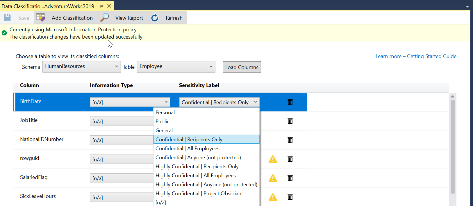 Choosing Microsoft Information Protection Policy sensitivity labels in SSMS