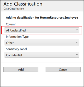 screenshot of SSMS data classification selecting all unclassified columns