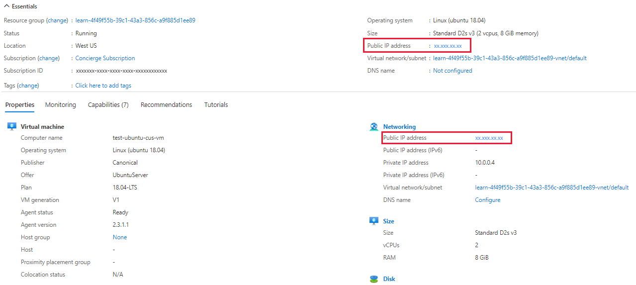 Screenshot showing VM essentials and properties with the public IP address highlighted.