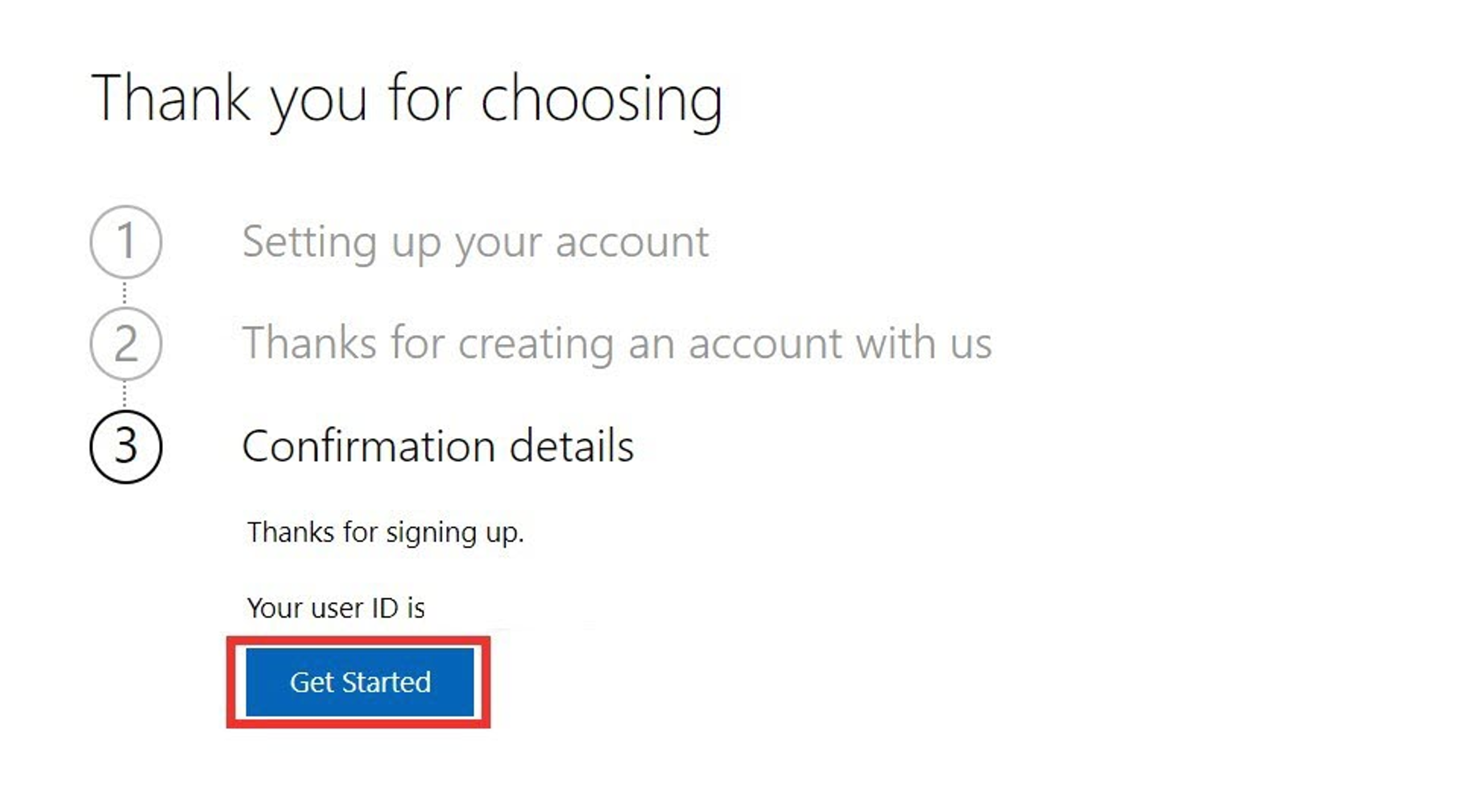 Screenshot of Confirmation details with focus on the Get started button.