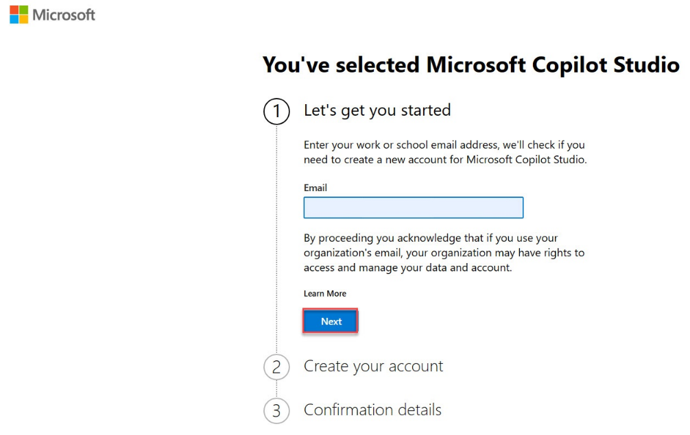 Screenshot of Thank you for choosing Microsoft Copilot Studio with focus on the Continue button.