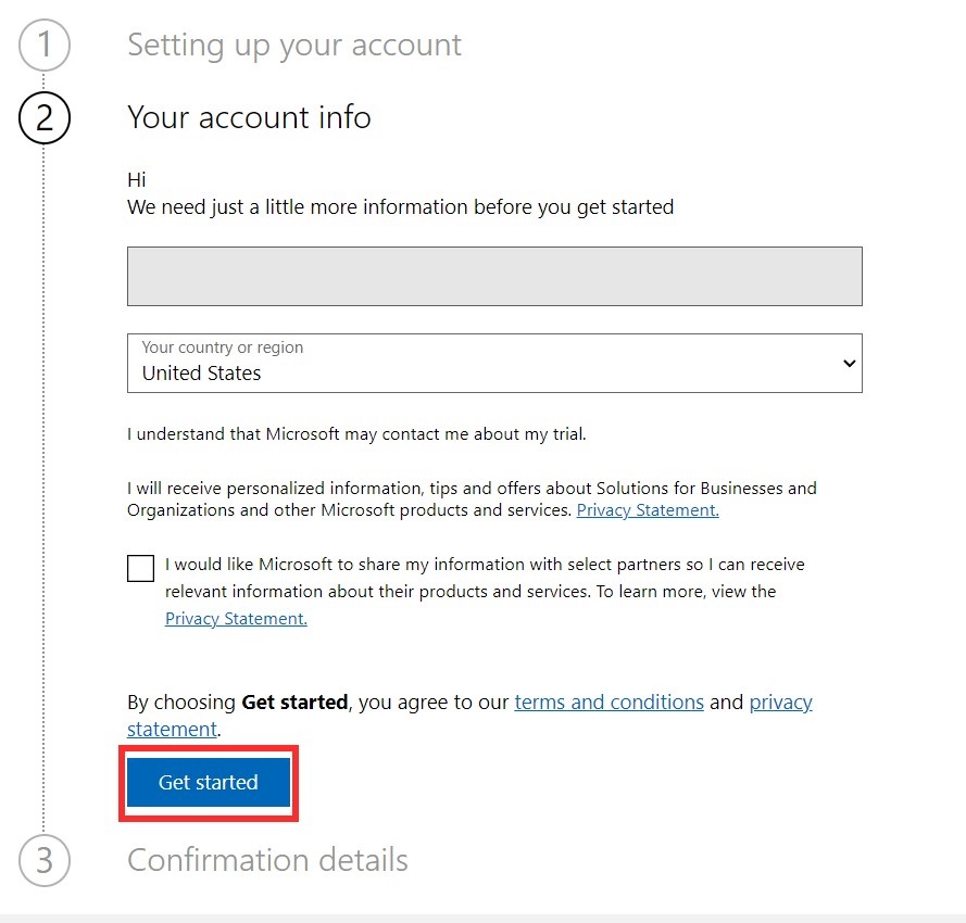 Screenshot of Your account info with focus on the Get started button.
