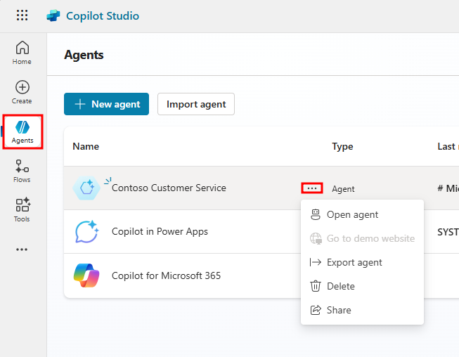 Screenshot of agent menu options.