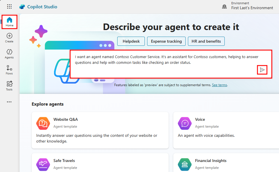 Screenshot of describe your agent to create it window.